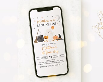 Editable Spooky One Ghost Birthday E-Invitation Ghost First Birthday Invite Boy Pumpkin Halloween Party Digital Download A702