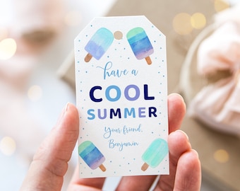 May include: White gift tag with blue and purple watercolor popsicle illustrations. The tag says "Have a Cool Summer" and "Your friend, Benjamin".