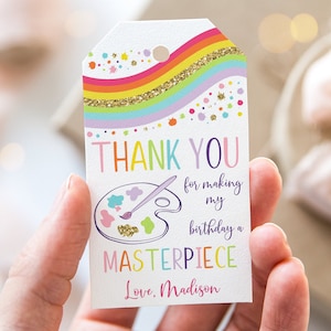 Bearbeitbare Kunst Party Geburtstag Danke Tag Favor Tag Mädchen Regenbogen Kunst Party Farbe Party Craft Party Druckbare Digitaler Download A514