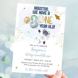 Editable Space Birthday Invitation First Trip Around The Sun Blue Gold Astronaut Galaxy Planets Outer Space Party Rocket Ship Digital A606