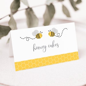 Editable Bee Tent Cards Food Labels Place Cards Bee Baby Shower Yellow & Grey Gender Neutral Digital Printable Instant Download Corjl A194