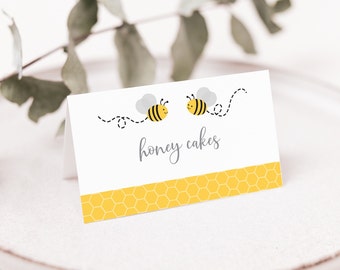 Editable Bee Tent Cards Food Labels Place Cards Bee Baby Shower Yellow & Grey Gender Neutral Digital Printable Instant Download Corjl A194