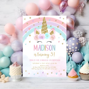 Editable Unicorn Rainbow Birthday Invitation Unicorn Magical Birthday Invite Pink Gold Pastel Floral Unicorn Party Digital Download A582