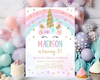 May include: A pink, blue, and purple unicorn birthday invitation with gold glitter accents. The invitation says "MADISON is turning 3!" and includes details for a magical celebration.
