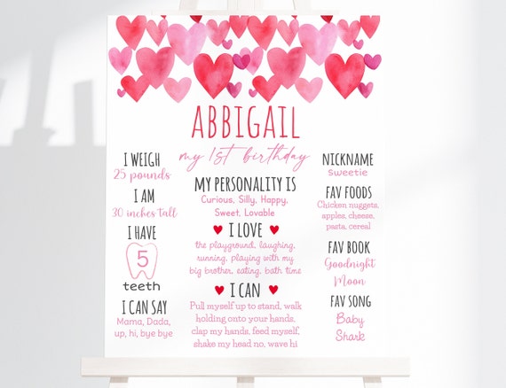 Editable Sweetheart Birthday Milestone Sign Pink Gold Hearts Valentine's Birthday First Birthday Hearts Birthday Digital Download A689 Il_570xn