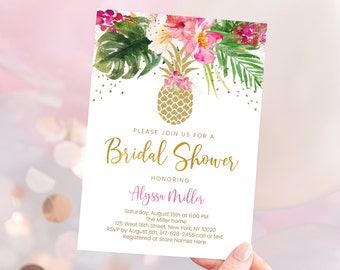 Editable Pineapple Bridal Shower Invitation Pink Tropical Floral Gold Pineapple Invite Digital Printable Instant Download Corjl B139