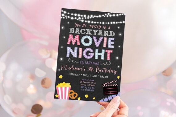 EDITABLE Backyard Movie Night Birthday Invitation Movie Under the Stars Girls Outdoor Backyard Movie Party Popcorn Digital Download A555 Il_570xn