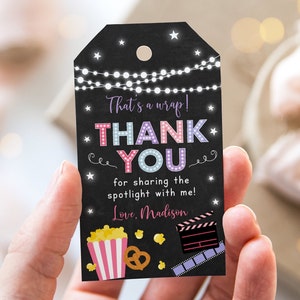 Editable Movie Night Birthday Thank You Tags Favor Tags That's A Wrap Popcorn Stars Pink Girl Outdoor Backyard Movie Party Digital A555