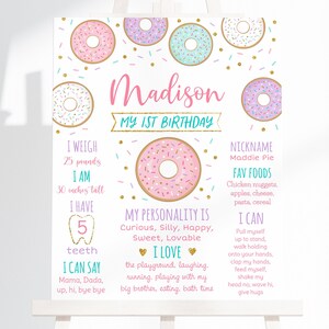 Puede incluir: Un cartel de primer cumplea&ntilde;os con tem&aacute;tica de rosquillas rosa y dorado con el nombre "Madison" y detalles sobre la edad, el peso, la altura y la personalidad del ni&ntilde;o. El cartel est&aacute; decorado con rosquillas y chispas de colores.