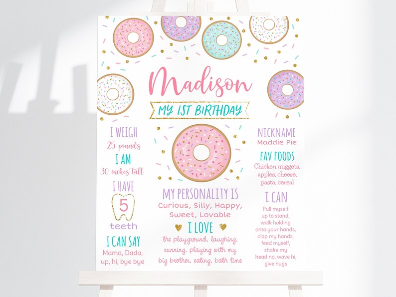 Puede incluir: Un cartel de primer cumplea&ntilde;os con tem&aacute;tica de rosquillas rosa y dorado con el nombre "Madison" y detalles sobre la edad, el peso, la altura y la personalidad del ni&ntilde;o. El cartel est&aacute; decorado con rosquillas y chispas de colores.
