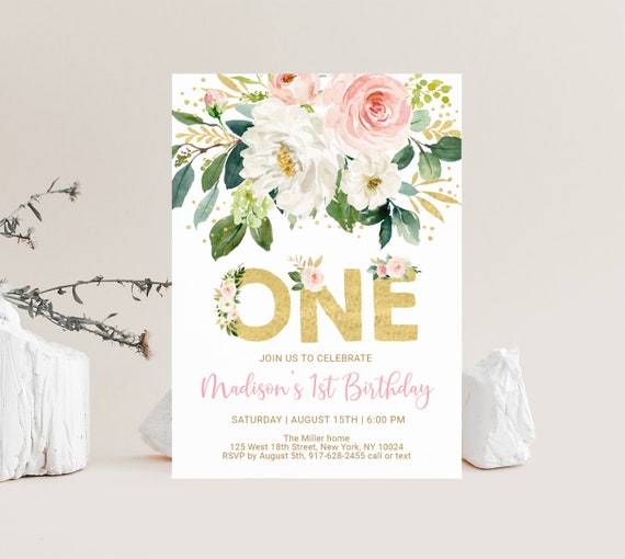 Editable Pink Floral First Birthday Invitation Girl First Birthday Pink Gold Floral Boho 1st Birthday Invite Gold Letters Digital A561 Il_570xn