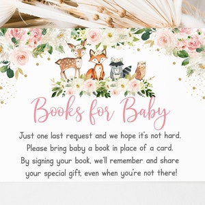 Aanvraagkaarten meisje bosboek meisjes bos babyshower roze bos dier Blush bloemen boeken voor baby afdrukbare digitale download A516