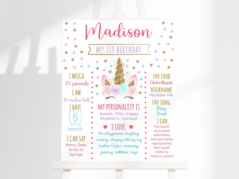 May include: A pink and gold unicorn birthday sign with the name Madison and the text "My 1st Birthday". The sign includes details about the child's age, weight, height, favorite food, nickname, favorite song, and things they can do.