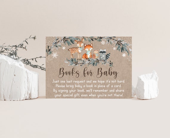 Winter Woodland Baby Shower Book Request Cards Snowy Winter Woodland Animals Forest Animals Greenery Books For Baby Instant Download A578 Il_570xn