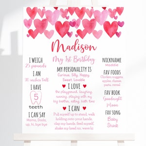 Editable Sweetheart Birthday Milestone Sign Pink Red Hearts Valentine&#39;s Birthday First Birthday Hearts Birthday Digital Download A689