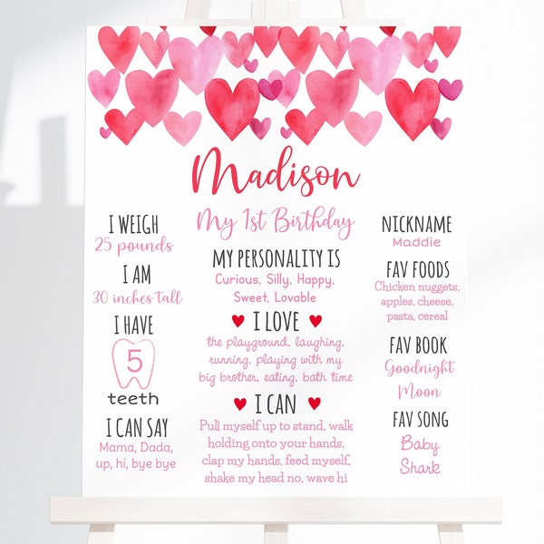 Editable Sweetheart Birthday Milestone Sign Pink Red Hearts Valentine's Birthday First Birthday Hearts Birthday Digital Download A689