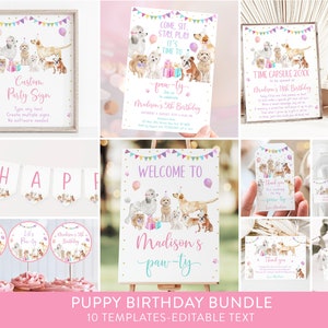 Editable Puppy Birthday Invitation Bundle Let's Paw-ty Girl Puppy Birthday Puppy Party Puppy Dog Birthday Pink Gold Balloons Download A621