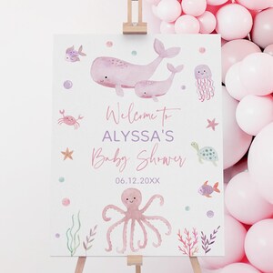 Editable Under the Sea Baby Shower Welcome Sign, Pink Sea Animals, Baby Girl Shower, Watercolor Whale Turtle Ocean, Digital Download A725