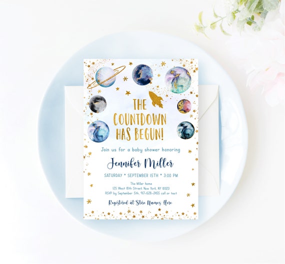 Editable Space Baby Shower Invitation Galaxy Planets Outer Space Moon Countdown Has Begun Blue Gold Digital Instant Download A586 Il_570xn