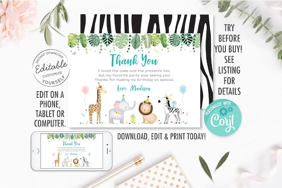 EDITABLE Safari Party Animals Birthday Thank You Card, Safari Birthday, Wild One, Zoo Safari Animals, Boy, Girl, Printable, Digital A512 Il_570xn