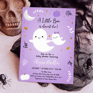 Editable Little Boo Baby Shower Invitation Little Boo Is Almost Due Purple Ghost Pumpkin Halloween Baby Shower Invite Digital Download A637