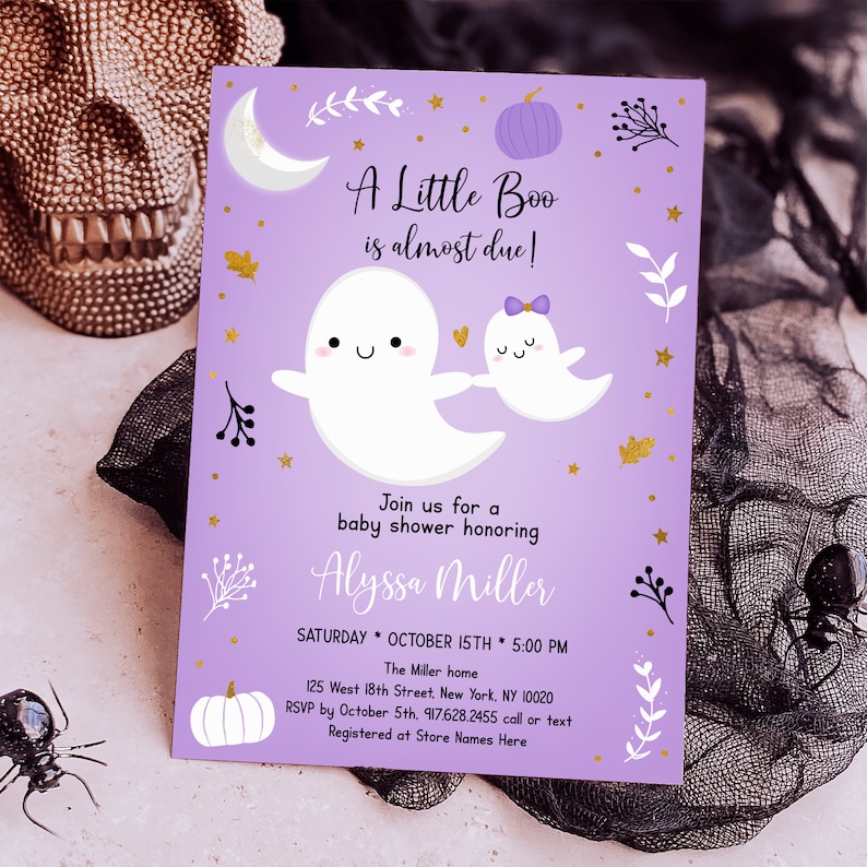 May include: Purple and white baby shower invitation with a ghost and pumpkin design. The text reads "A Little Boo is almost due!" and includes details about the event, including the date, time, location, and RSVP information.