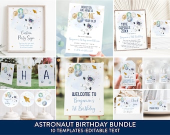 Può includere: Un set di 10 modelli di festa di compleanno a tema astronauta stampabili. I modelli presentano uno schema di colori blu e oro con illustrazioni di un astronauta, pianeti e stelle. Il testo sui modelli è modificabile, consentendoti di personalizzare la festa per qualsiasi bambino. I modelli includono un cartello di benvenuto, uno striscione, topper per cupcake, un'etichetta di ringraziamento, un'etichetta per bottiglie d'acqua e un invito alla festa.