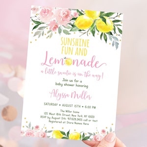 May include: A pink and yellow baby shower invitation with a watercolor design of lemons and flowers. The text reads "Sunshine Fun and Lemonade, a little sweetie is on the way!"  Join us for a baby shower honoring Alyssa Miller. Saturday, August 15th, 6:00 PM. The Miller home, 125 West 18th Street, New York, NY 10020. RSVP by August 5th: 917.628.2455 call or text. Registered at Store Names Here.