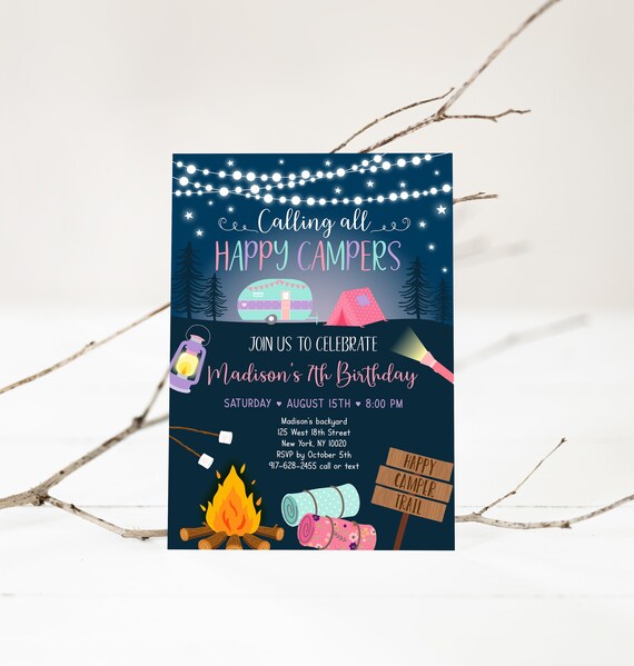Editable Girl Camping Invitation Camping Sleepover Party Invite Glamping Happy Campers Pink Camper Digital Download A630 Il_570xn