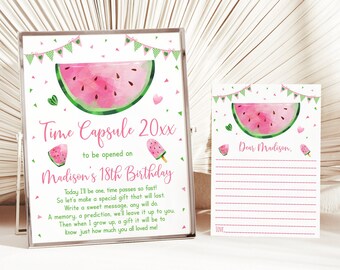 Editable Watermelon Birthday Time Capsule Watermelon First Birthday One In A Melon Party Girl Birthday Printable Instant Download A502