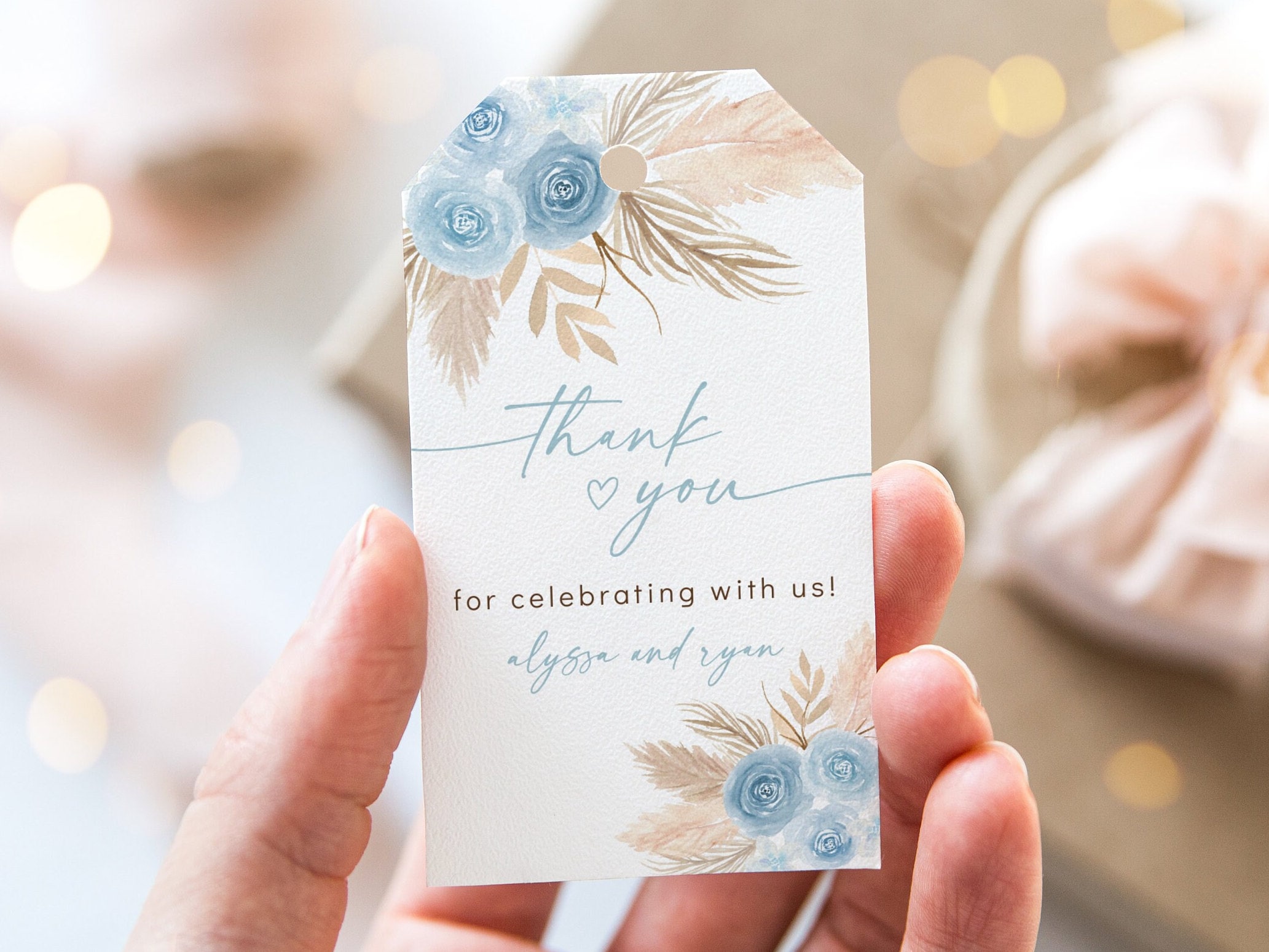 Editable Blue Pampas Grass Baby Shower Tag Favor Tag Boho Blue Floral ...