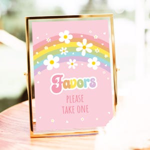 Pink Daisy Rainbow Birthday Party Favor Sign, Let&#39;s Party Groovy Retro Daisy Party, Flower Power, Pastel Rainbow, Digital Download A748