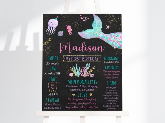 Editable Mermaid Birthday Milestone Sign Girls Mermaid Party Under The Sea Party Mermaid First Birthday Printable Digital Download A615 Il_570xn