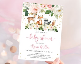 Editable Girl Woodland Baby Shower Invitation, Woodland Animals Invite, Pink Woodland Forest, Digital, Printable, Instant Download A516