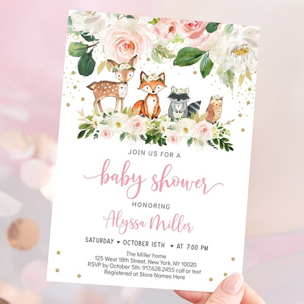 Editable Girl Woodland Baby Shower Invitation, Woodland Animals Invite, Pink Woodland Forest, Digital, Printable, Instant Download A516