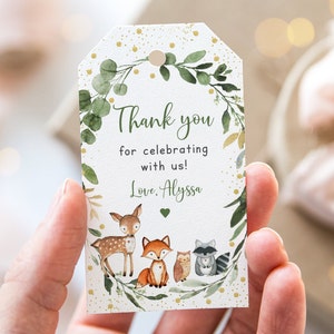 Editable Woodland Favor Tags Thank You Tags Woodland Baby Shower Woodland Animals Forest Animals Greenery Printable Instant Download A524