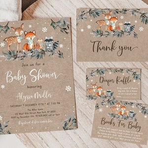 Bundle modifiable d'invitations pour baby shower des bois d'hiver, neutre entre les sexes, neigeux, couches, tombola, livre, cartes, suite, téléchargement numérique A578