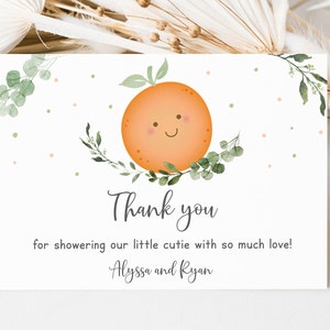 Bewerkbare kleine Cutie Bedankkaart, kleine Cutie onderweg, Clementine, zomer, genderneutraal, Coed, digitaal, Instant Download A535
