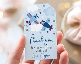 Editable Airplane Baby Shower Favor Tags, Thank You Tags, Boy Baby Shower, Stars, Airplane and Clouds, Printable, Digital Download A566