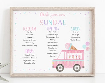 Editable Ice Cream Sundae Party Sign Ice Cream Truck Birthday Pink Girl Modern Ice Cream Menu First Birthday Ice Cream Party Download A673