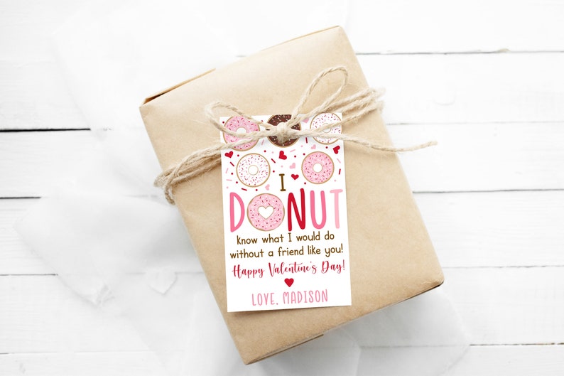 Editable Donut Valentine's Day Tags Friendship Valentine's Day Treat Tags School Valentine Tags Hearts Pink Red Digital Printable image 1