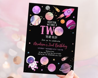 Editable Space Second Birthday Invitation Houston We Have A Two Year Old Pink Girl Astronaut Galaxy Planets Outer Space Party Digital A654