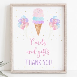 Ice Cream Birthday Cards and Gifts Sign Rainbow Ice Cream Cone Pink Gold Pastel Balloon Girl Ice Cream Party Printable Digital Download A611