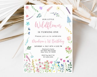 May include: A floral-themed first birthday invitation for a girl named Madison. The invitation features a watercolour illustration of colourful wildflowers and the text "Our Little Wildflower is Turning One". It includes the date, time, and location of the party, as well as an RSVP deadline.