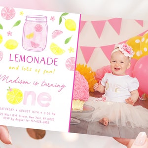 Editable Lemonade First Birthday Invitation, Pink Lemonade Birthday Invite, Lemonade and Fun, Girl Lemonade Party Digital Download A675