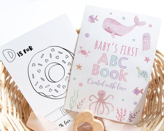 ABC Book Baby Shower Game Pink Under the Sea Alphabet Coloring Book Baby's First ABC Book Baby Shower Coloring Pages Digital Download A725