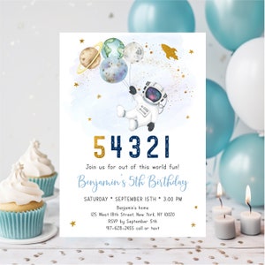 Editable Outer Space Fifth Birthday Invitation Astronaut Countdown Birthday Invite Blue Gold Galaxy Planets Rocket Ship Digital A606