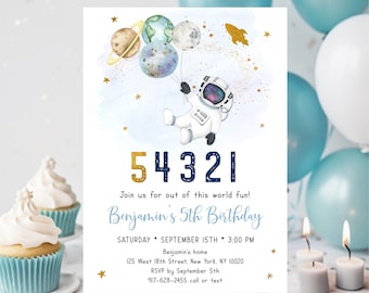 May include: A blue and gold birthday invitation with an astronaut holding balloons shaped like planets. The invitation says "Join us for out of this world fun! Benjamin's 5th Birthday" and includes the date, time, and location of the party.