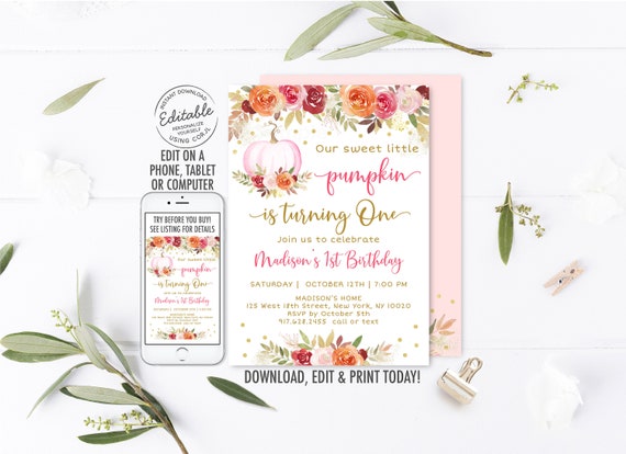 EDITABLE Pumpkin Birthday Invitation Pink & Gold Floral Pumpkin Girl First Birthday Fall Birthday Digital Printable Instant Download A466 Il_570xn