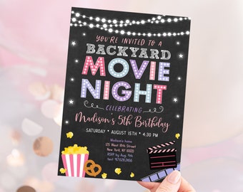 EDITABLE Backyard Movie Night Birthday Invitation Movie Under the Stars Girls Outdoor Backyard Movie Party Popcorn Digital Download A555